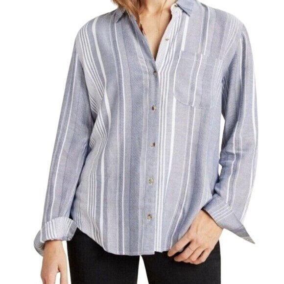 Anthropologie Maeve Shirt Women Small Blue Chatham Striped Button Down Blouse - Picture 2 of 10